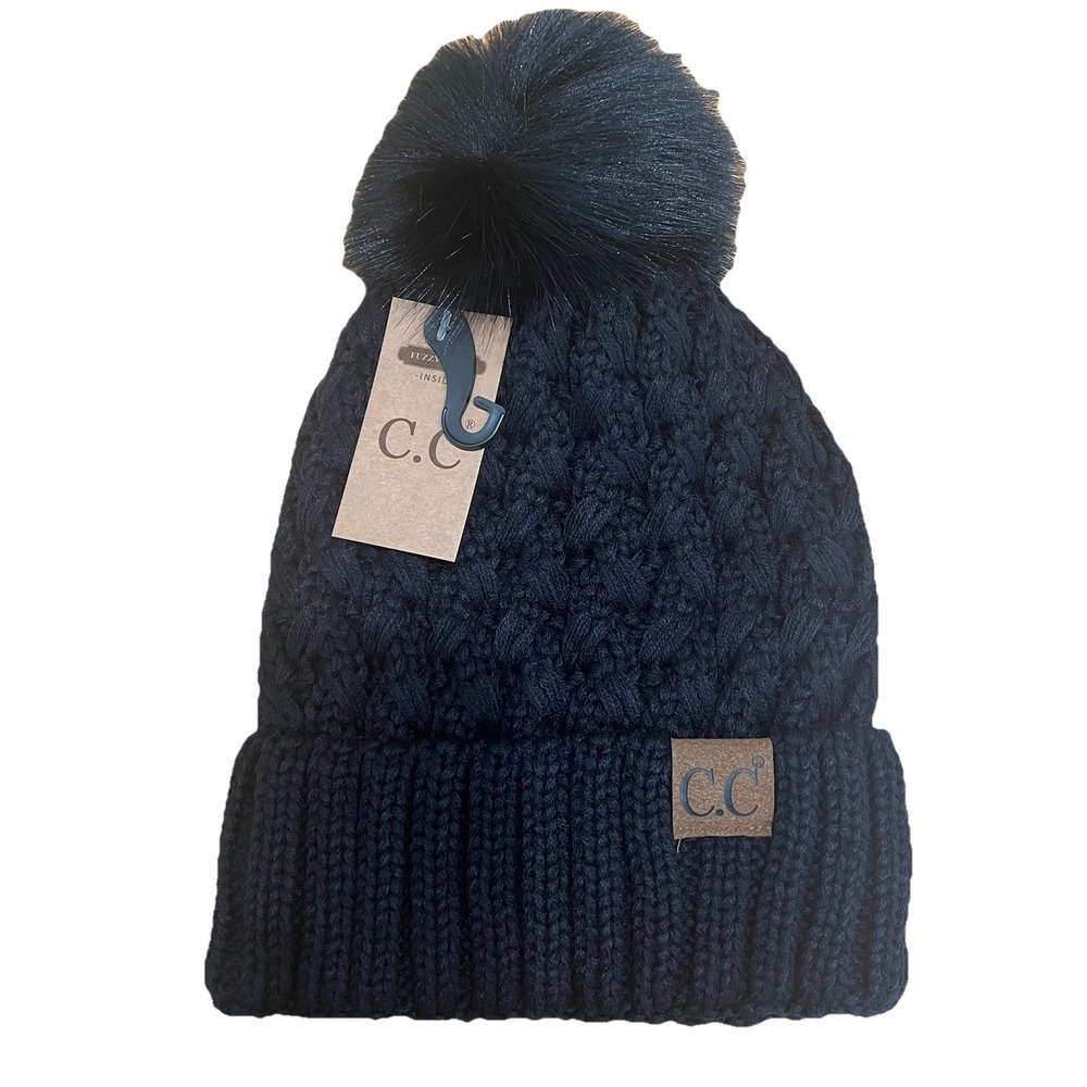 C.C Thick Cable Knit Faux Fuzzy‎ Fur Pom Cap Hat CC Black On Black NEW Warm